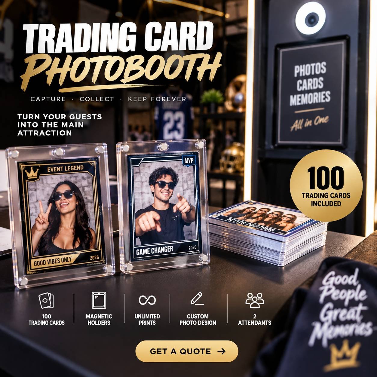 Trading card photo booth with custom photo cards in magnetic holders