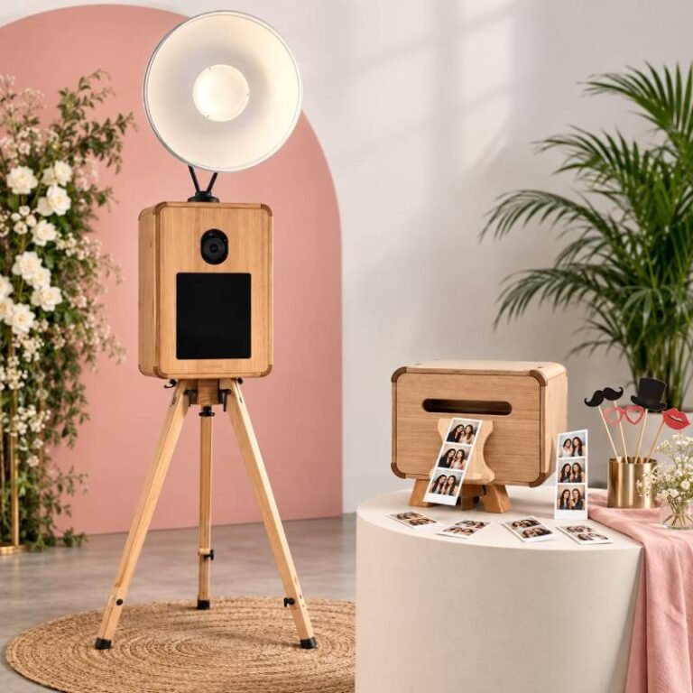 Vintage wooden photo booth with printer and photo strips
