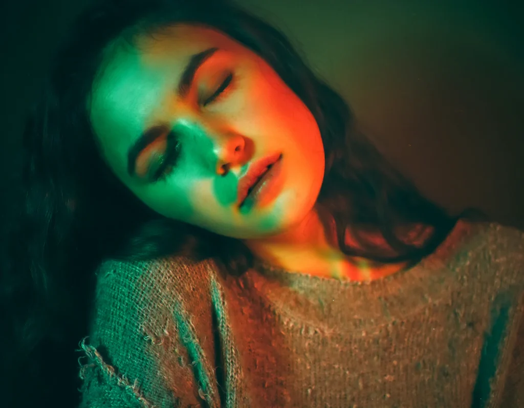 Portrait with green and red light, AI art style