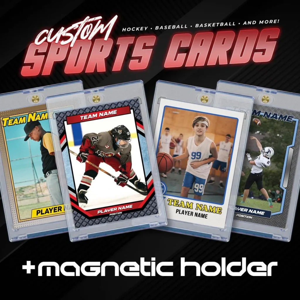 Custom sports-style photo trading cards in magnetic holders